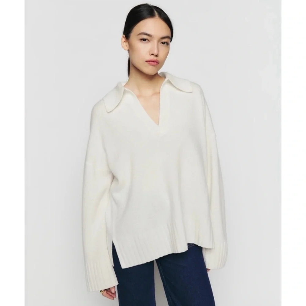 Reformation Otto Wool Polo Sweater Arctic Cream Small
